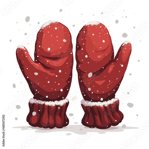 Red mittens with snowflakes on white background in winter scene  