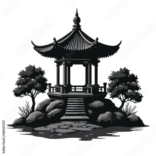 Traditional Asian pagoda surrounded by rocks and trees in black silhouette  