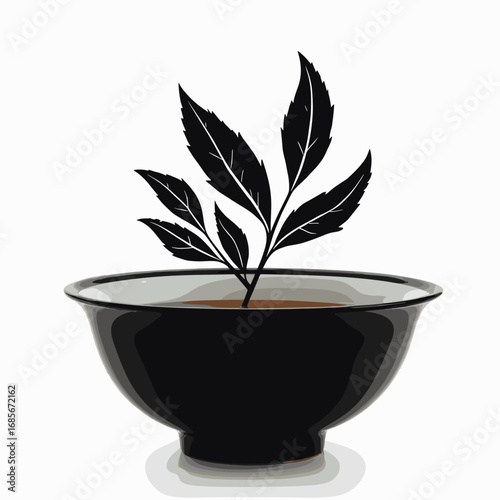 Black bowl with leaves growing from soil in minimalist design  