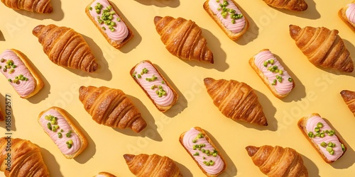 Wallpaper Mural Golden croissants and eclairs arranged on a vibrant yellow surface Torontodigital.ca