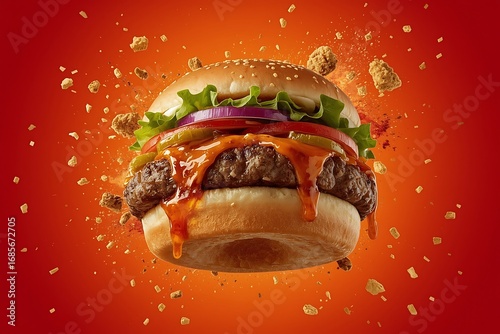 Tasty burger with french fries and fire.