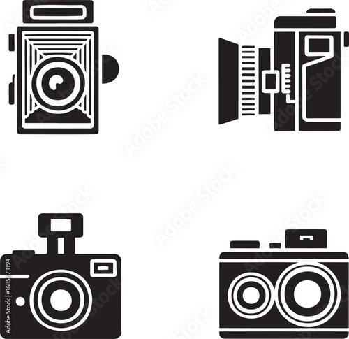 Vintage Camera Icon silhouette set vector illustration isolated on transparent background