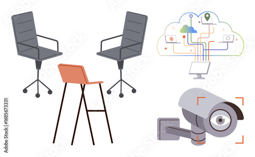 Office swivel chairs, orange stool, security camera, and cloud tech network. Ideal for workspace design, collaboration, surveillance, tech integration, data management cybersecurity simple flat