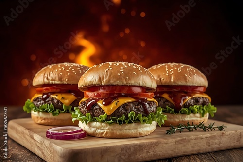 Tasty burger with french fries and fire.