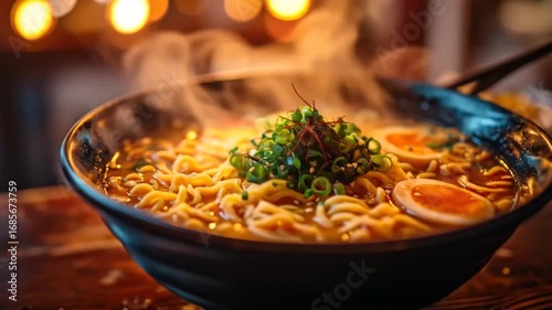 Steaming Bowl of Ramen Noodles with Egg