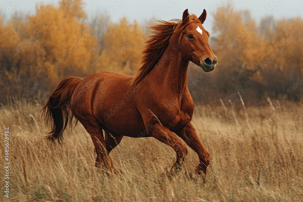 Fototapeta premium Strong chestnut horse galloping through golden grass field during early morning