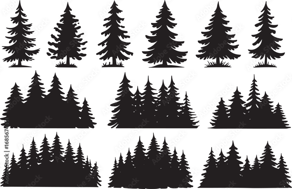 Obraz premium Collection of silhouetted evergreen pine trees for forest scene design and nature graphics white background