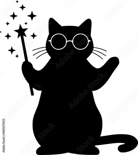 Magic cat holding wand glasses silhouette vector illustration isolated on white background

