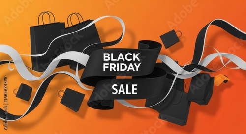 Stylish Black Friday promotional composition with shopping bags and ribbons