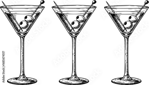 Martini glass with olives on stick in vintage engraving style
