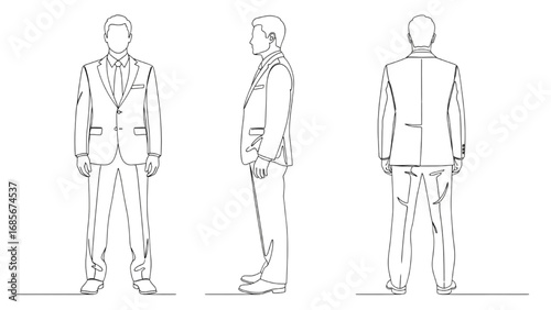 Businessman CAD Line Art Vector | Front, Back, and Side Views for Architecture and Landscape Design