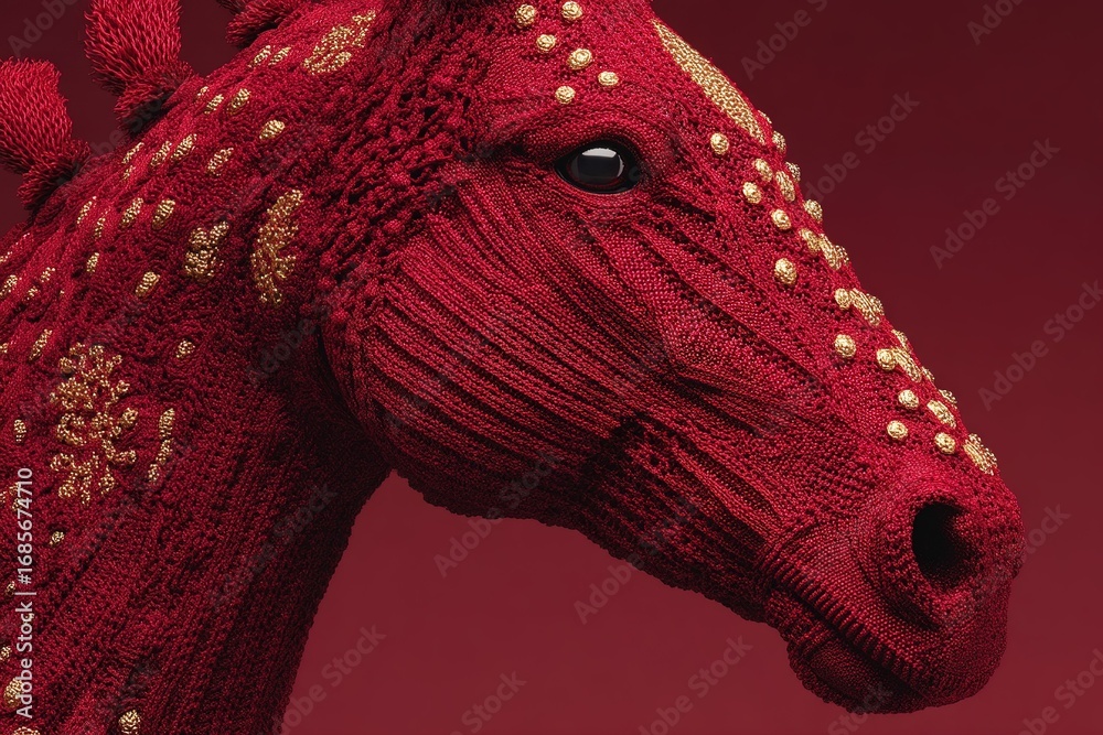 Obraz premium Unique knitted horse sculpture showcases intricate craftsmanship in vibrant red color for art lovers