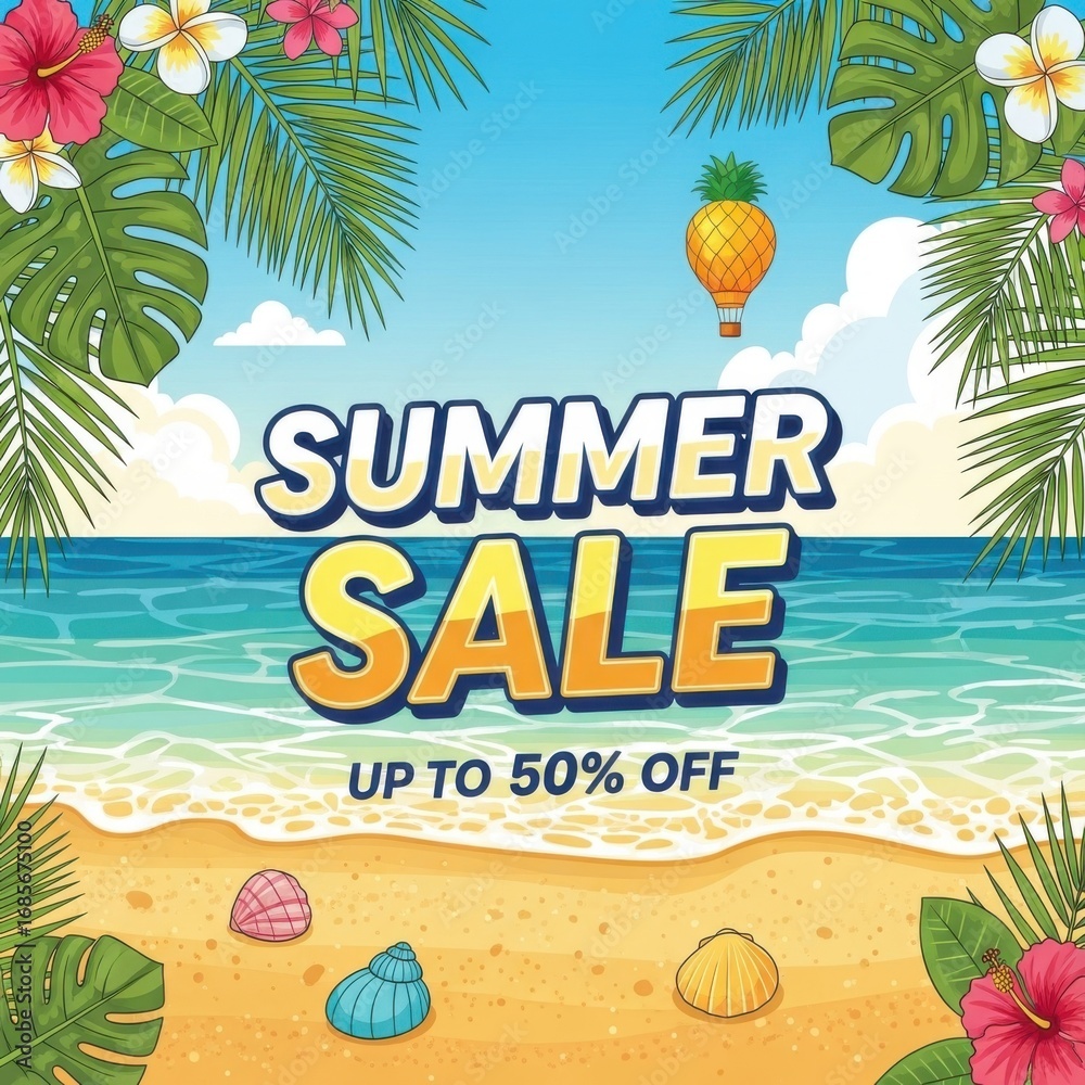 Fototapeta premium Vibrant Summer Sale Promotion with Tropical Beach Elements Illustration