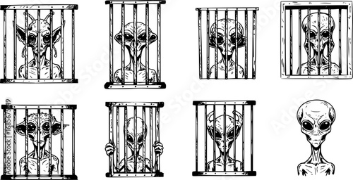 vector set of aliens behind bars in space prison sketch
