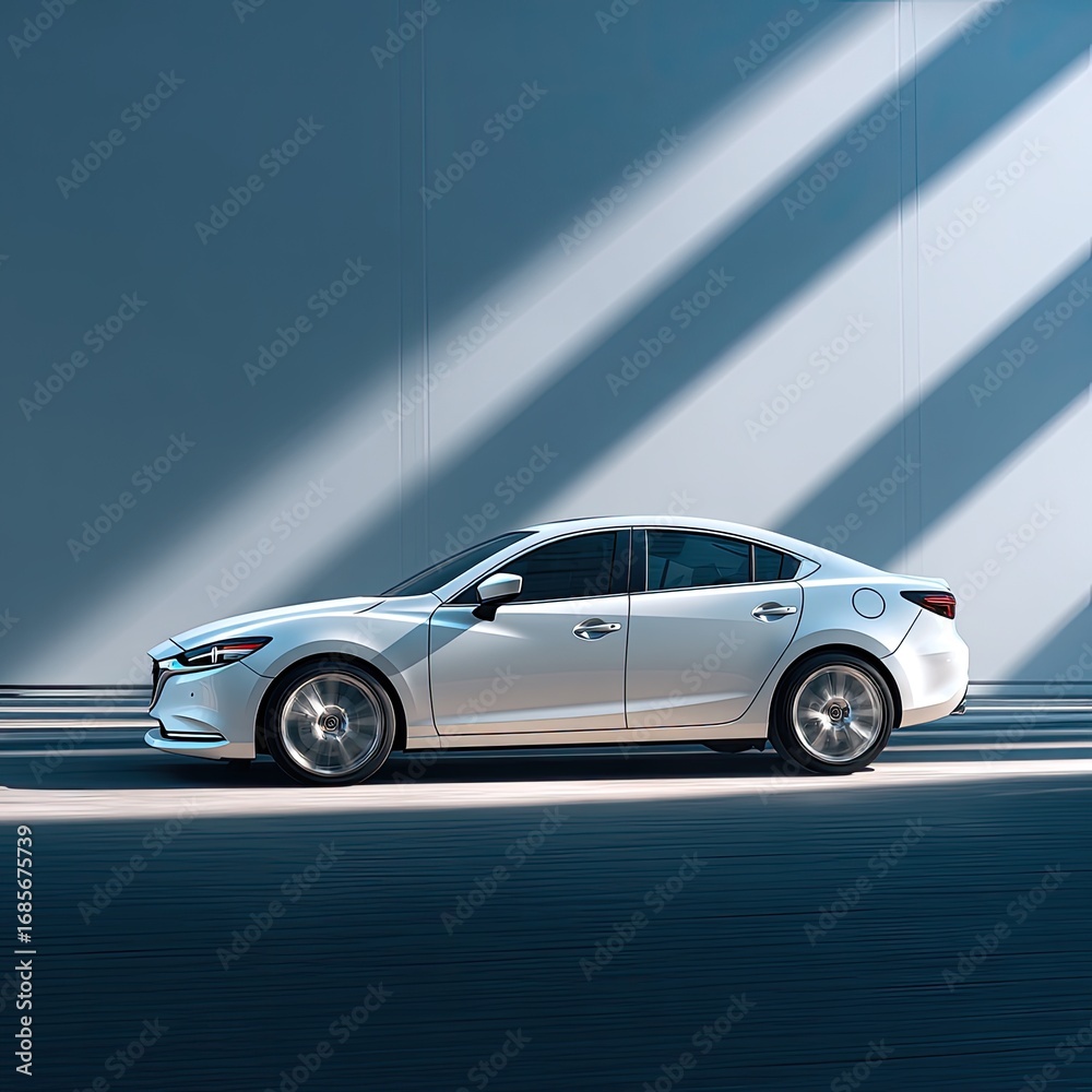 Fototapeta premium Sleek white car angled profile, bathed in light
