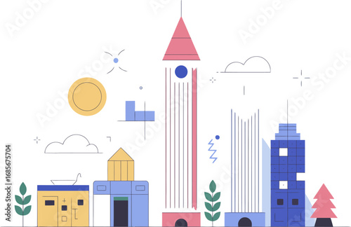 Vibrant flat design cityscape with modern skyscrapers and whimsical elements against a clean background