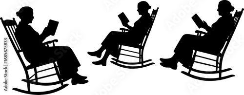 Old Woman Reading Book In Rocking Chair silhouette vector illustration isolated on white background
