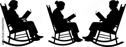 Old Woman Reading Book In Rocking Chair silhouette vector illustration isolated on white background
