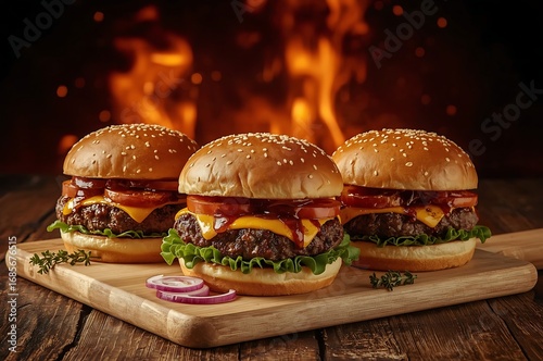 Tasty burger with french fries and fire.
