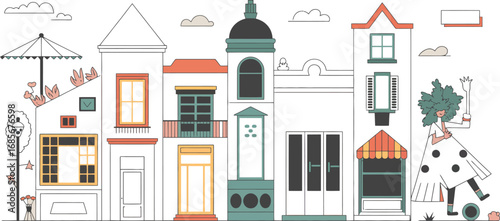 Charming illustrated row of diverse buildings with whimsical architectural details under a cloudy sky.