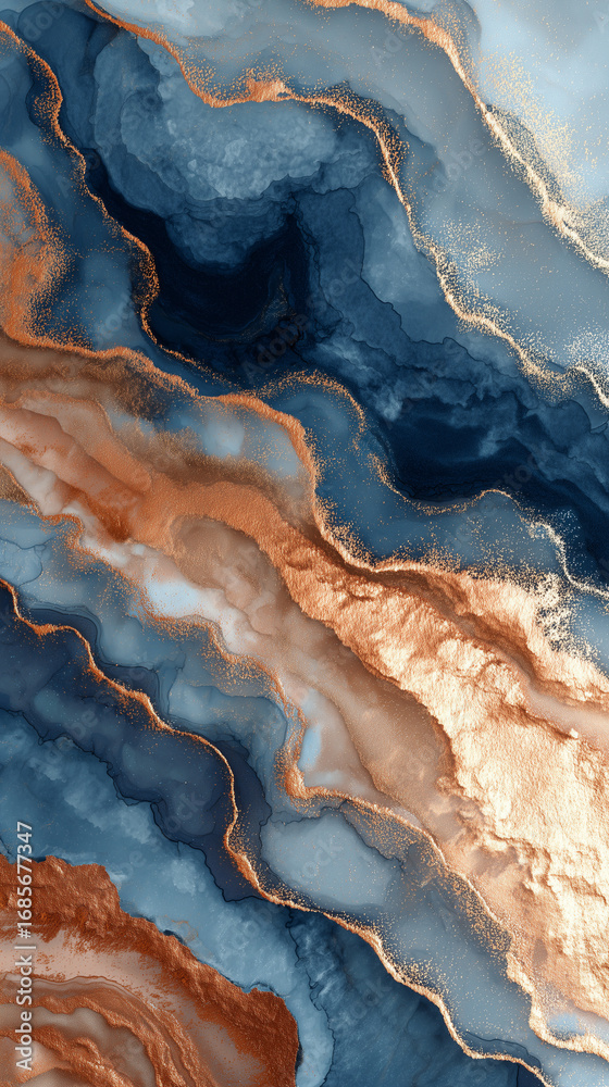 Obraz premium Abstract artwork with fluid, marbled textures. The piece exudes an aura of sophistication and refined luxury, featuring shades of deep blues and warm metallic gold veins.