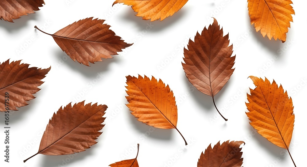 Fototapeta premium Scattered autumn leaves in shades of orange and brown cast gentle shadows on white.