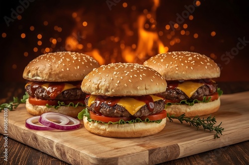 Tasty burger with french fries and fire.