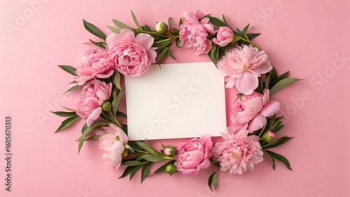 Pink Peonies Floral Wreath with Blank Card, Flat Lay, Spring, Pastel Floral arrangement, peony, card mockup, pink background