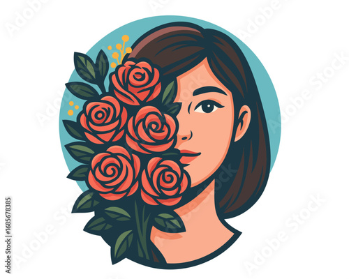 Florist shop logo. Roses bouquet and woman face. Floral icon design. Floristry retail store logotype. Brunette girl with brown hair 