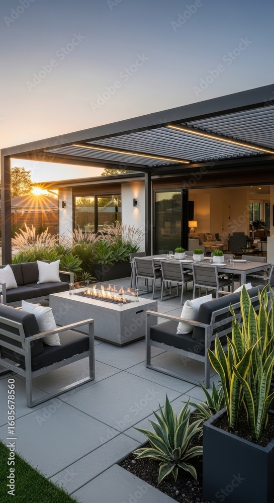 Fototapeta premium Chic outdoor space showcasing elegant patio furniture and captivating firepit