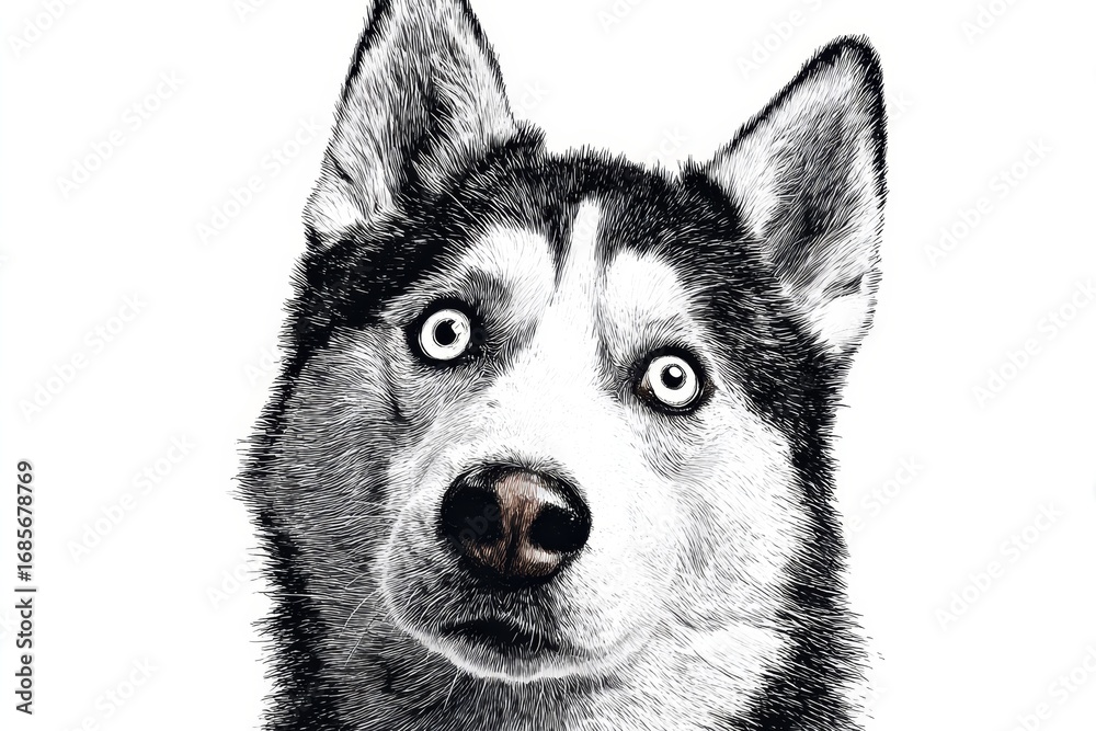 Fototapeta premium Husky dog close-up with surprised expression on white background in sketch style.