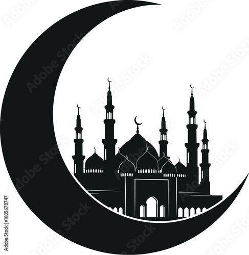 Vector illustration of mosque silhouette against a crescent moon