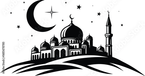 Vector illustration of black and white silhouette of a mosque at night