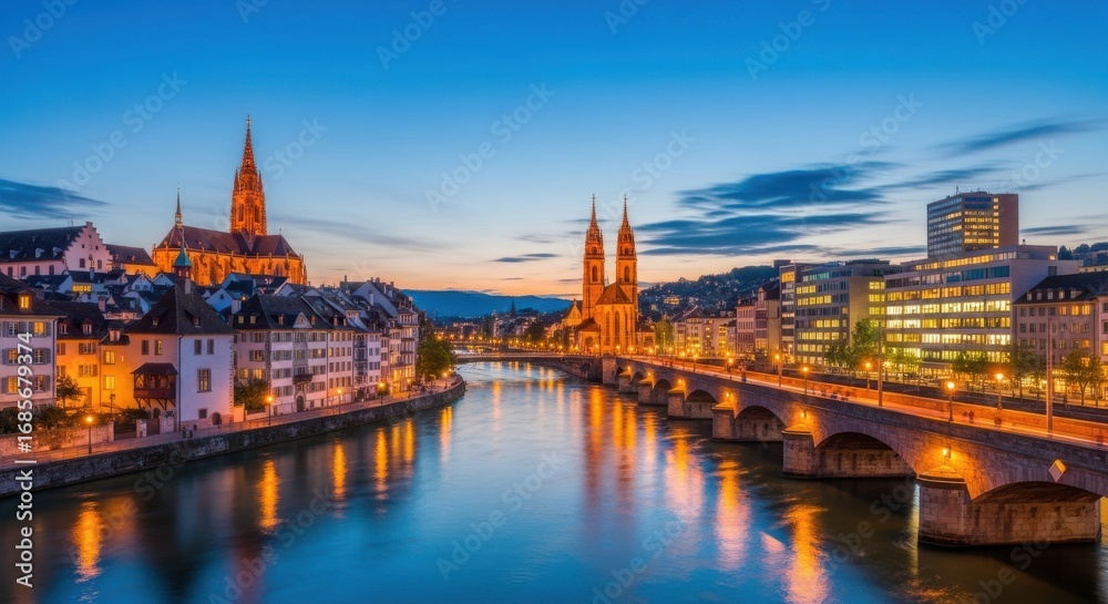 Fototapeta premium Enchanting cityscape view of Basel, Switzerland at dusk with glowing lights