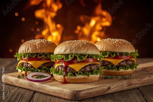 Tasty burger with french fries and fire.
