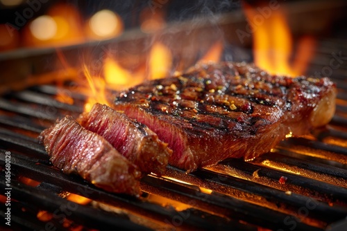 Juicy grilled steak with pepper seasoning sizzling on open flame barbecue grill.