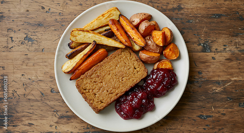 Delicious roasted vegetables and a savory loaf served with cranberry sauce, a satisfying and healthy meal