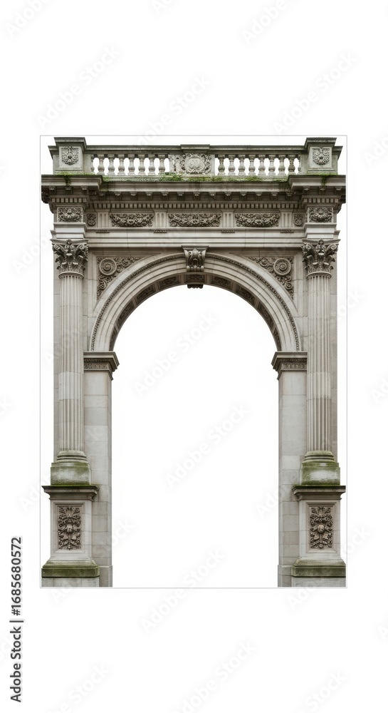 Fototapeta premium Ornate stone archway with fluted columns against a stark white background
