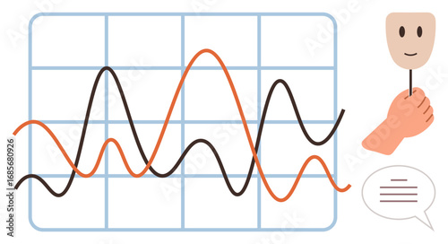 Line graphs showing trends, hand holding a smiling mask, and speech bubble symbolize emotion tracking, feedback collection, mental health, analytics, well-being. Ideal for psychology, data analysis