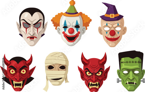 Halloween Monster Mask Icon Set – Vampire, Clown, Witch, Devil, Mummy, Frankenstein, Scary Face, Vector Clipart