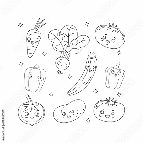 Set sayuran seni garis kawaii lucu dalam gaya kartun Koleksi karakter Sayuran Garis Besar Buku mewarnai
