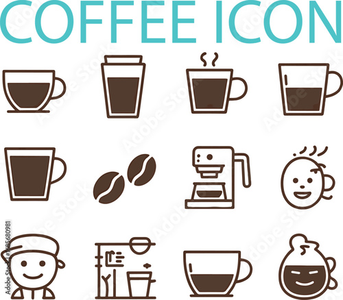 Coffee cup icons and coffee related objects beans coffee maker