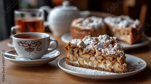 In Poland, a comforting slice of szarlotka, an apple cake with a buttery crust and cinnamon-scented filling, served with tea in a cozy Warsaw caf?(C), evoking the warmth of Polish home baking