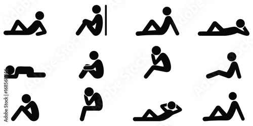 Stickman silhouette collection of people sitting and relaxing in different postures for lifestyle, leisure, yoga and body language design