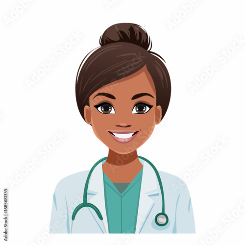 Smiling female doctor with a stethoscope around her neck, illustration