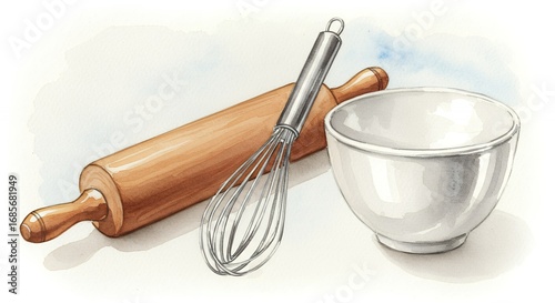Baking utensils rolling pin whisk and bowl