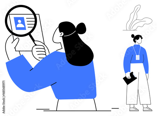 One woman inspects an ID card under a magnifying glass, emphasizing accuracy and attention to detail. Another stands with a document folder. Ideal for identity verification, recruitment, analysis