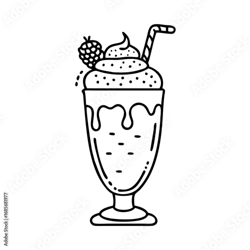 Vector art of a delightful milkshake with whipped cream and a berry, a sweet treat for any occasion, perfect for a refreshing dessert