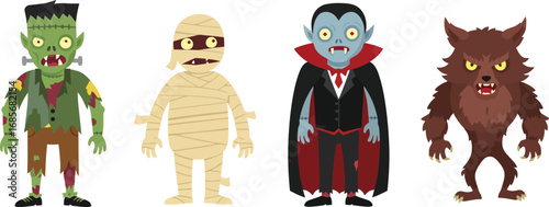 Halloween Monster Icon Set – Frankenstein, Mummy, Vampire, Werewolf, Spooky Character, Vector Clipart