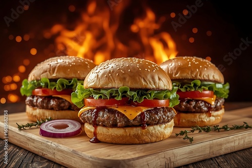 Tasty burger with french fries and fire.